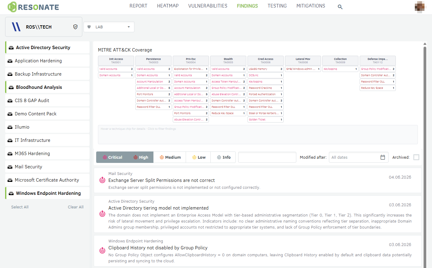Resonate catalogues and findings mapped to MITRE ATT&CK coverage